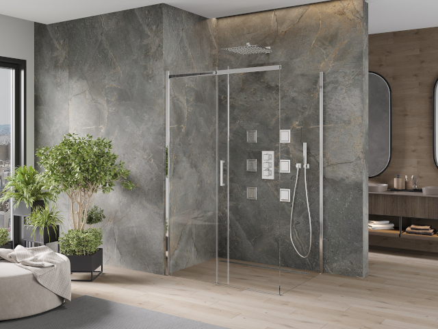 Тъмни мраморни плочки в банята