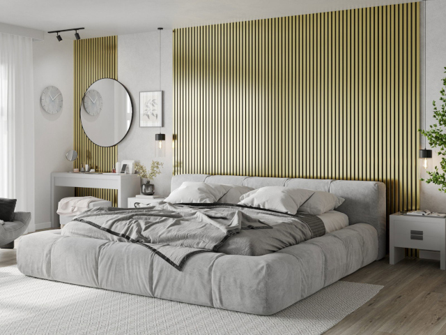 Златни стенни ламели в спалня