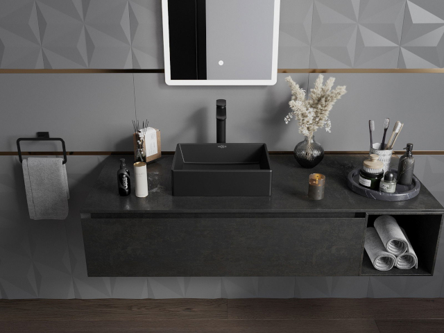 Стилно шкафче под умивалник черно в интериора на банята