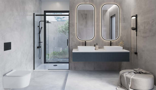 Съвременна баня с две мивки тип купа