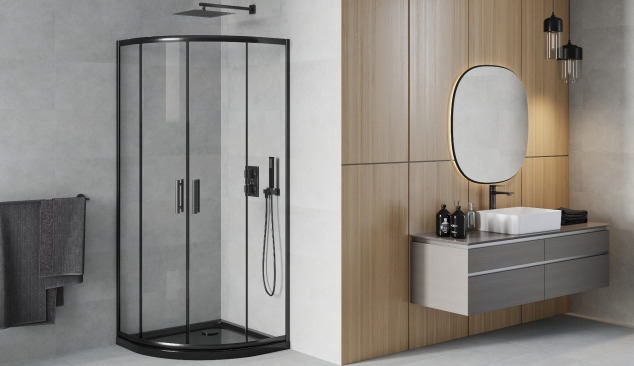 Черна полукръгла кабина с минималистичен стил