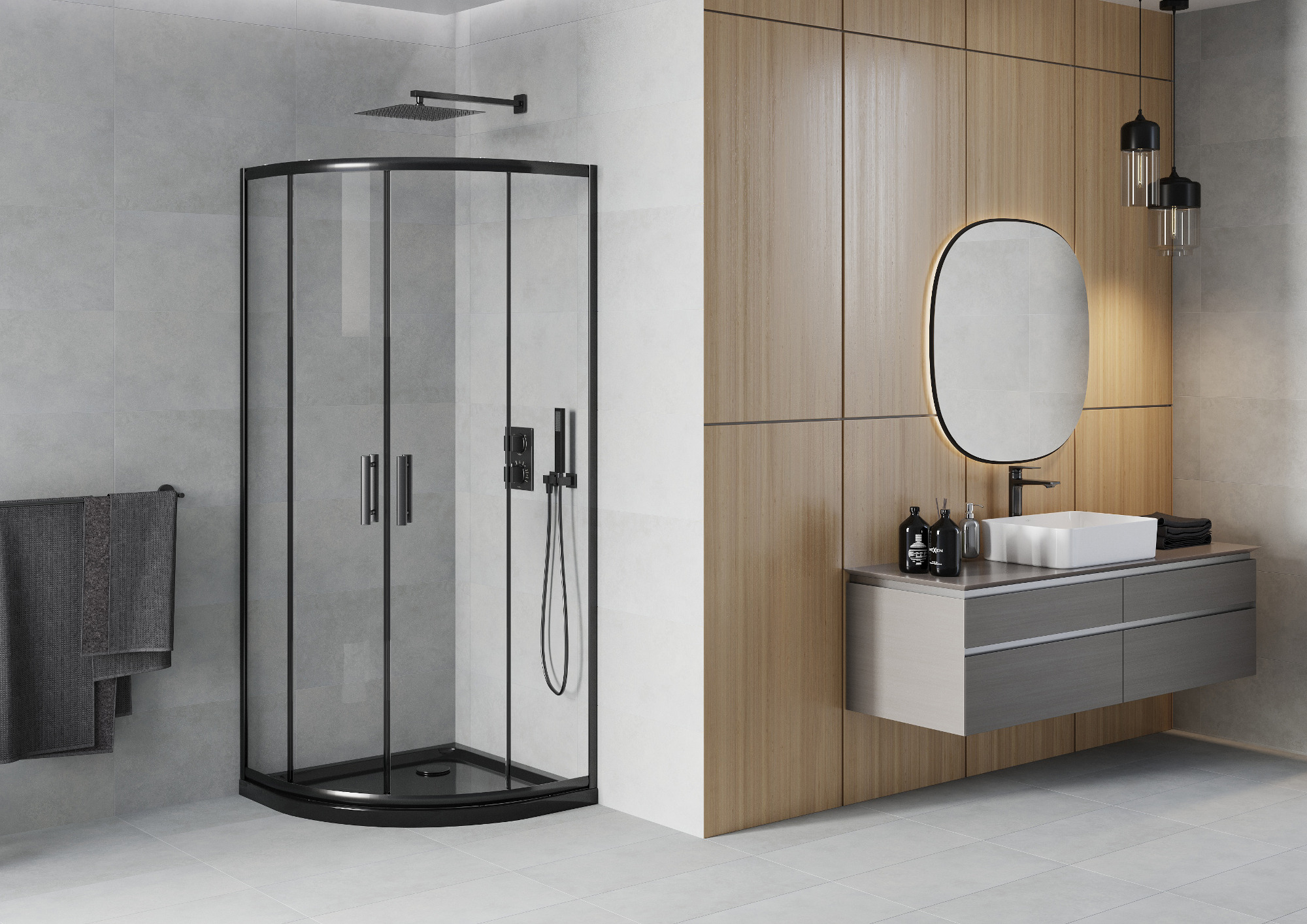 Черна полукръгла кабина с минималистичен стил