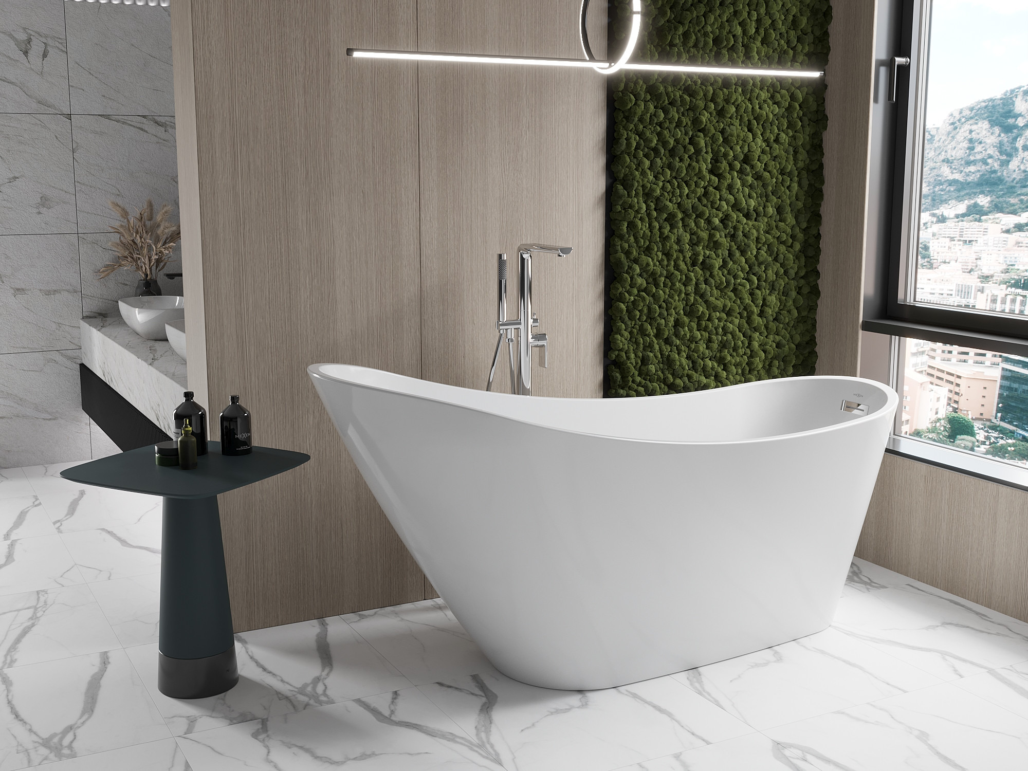 Уютна баня в земни цветове - стена от мъх