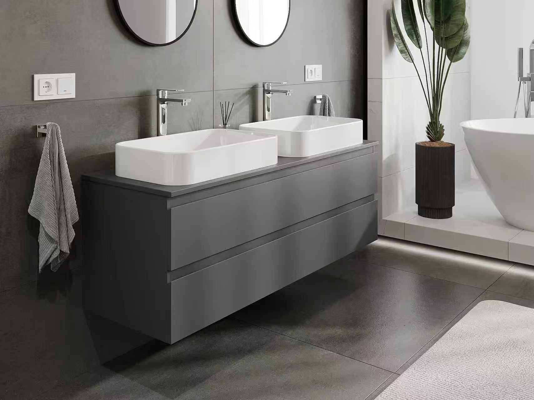 Антрацитен шкаф за баня с две мивки